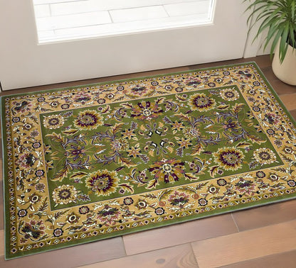 2' X 3' Green Taupe And Ivory Floral Medallion Area Rug