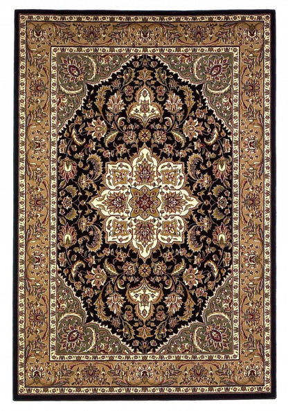 3' X 5' Black And Beige Floral Medallion Area Rug
