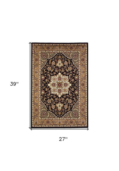 3' X 5' Black And Beige Floral Medallion Area Rug