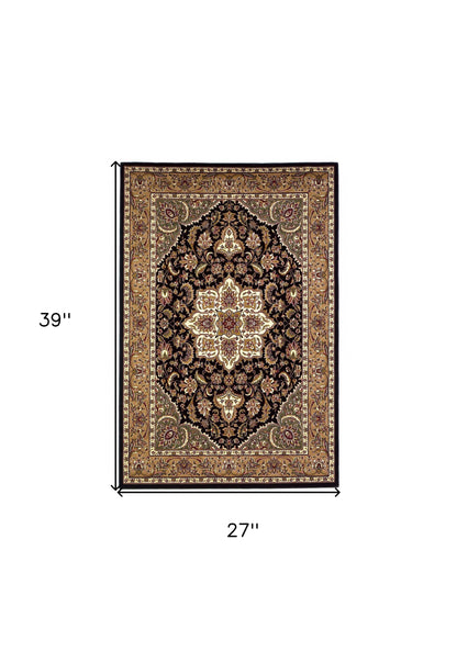 3' X 5' Black And Beige Floral Medallion Area Rug