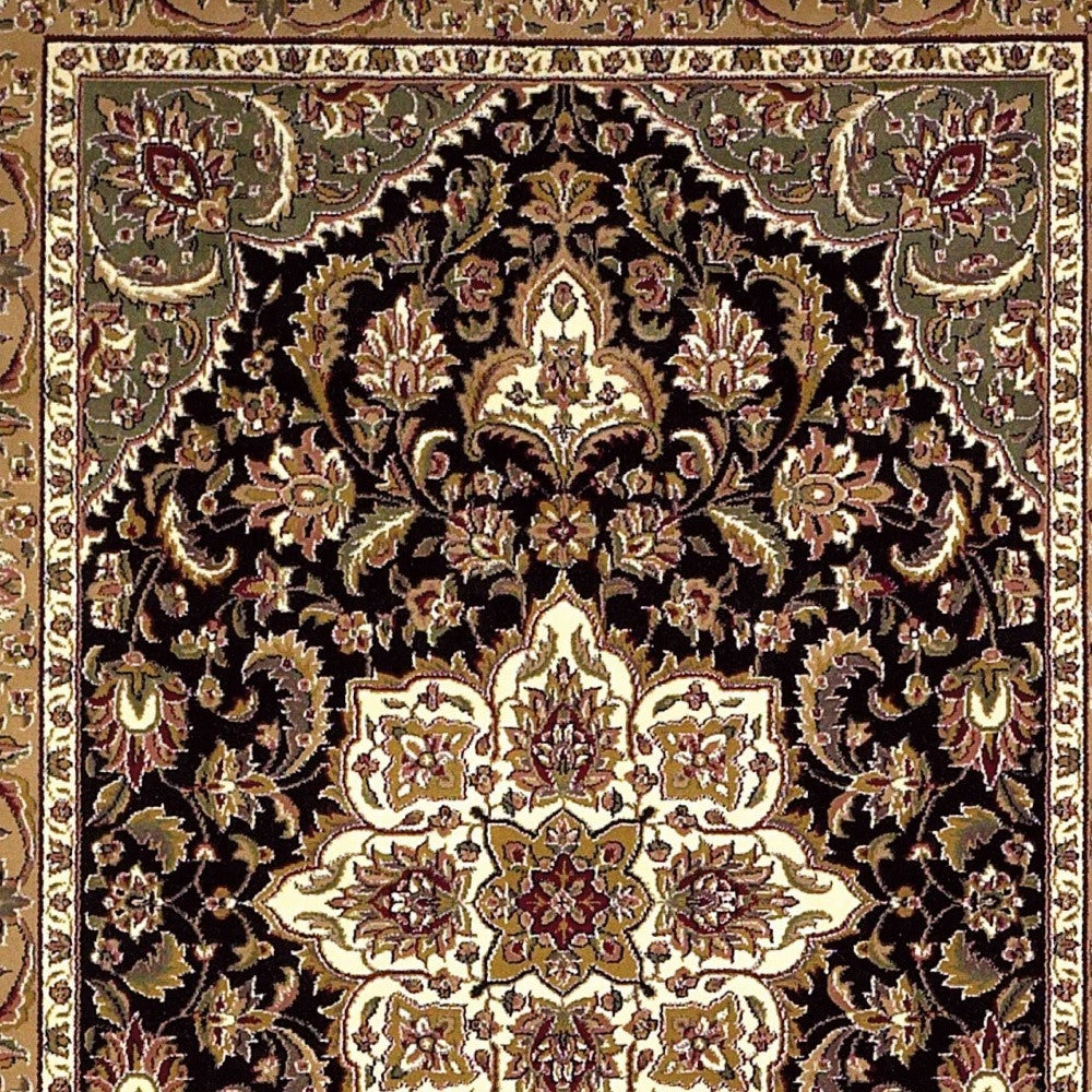 3' X 5' Black Beige Machine Woven Floral Medallion Indoor Area Rug