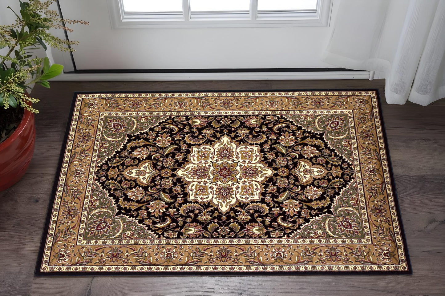 3' X 5' Black And Beige Floral Medallion Area Rug