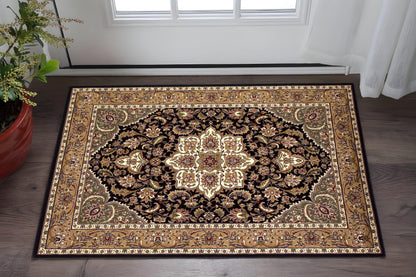 3' X 5' Black And Beige Floral Medallion Area Rug
