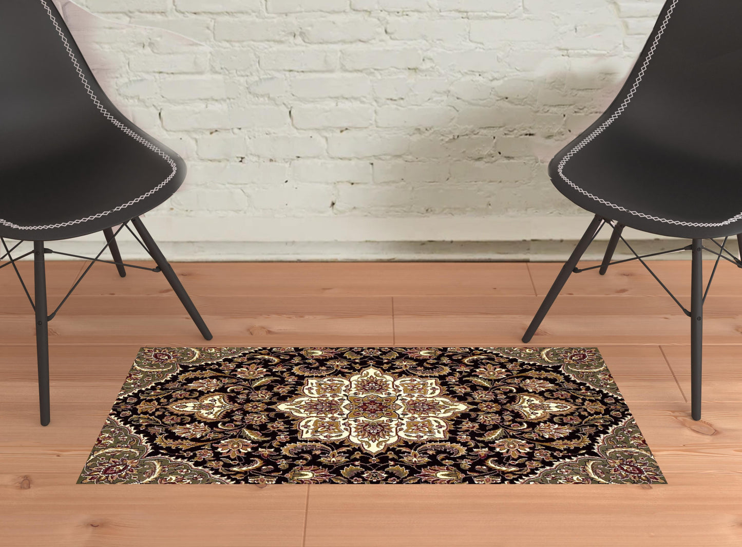 3' X 5' Black Beige Machine Woven Floral Medallion Indoor Area Rug