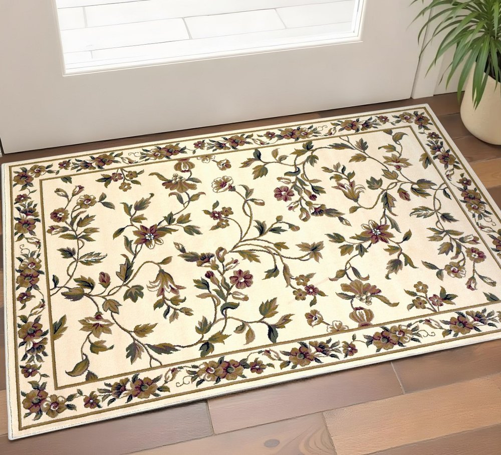 2' X 3' Ivory Green And Red Floral Vines Area Rug
