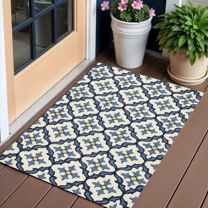 5' X 8' Ivory And Blue Moroccan Indoor Outdoor Area Rug