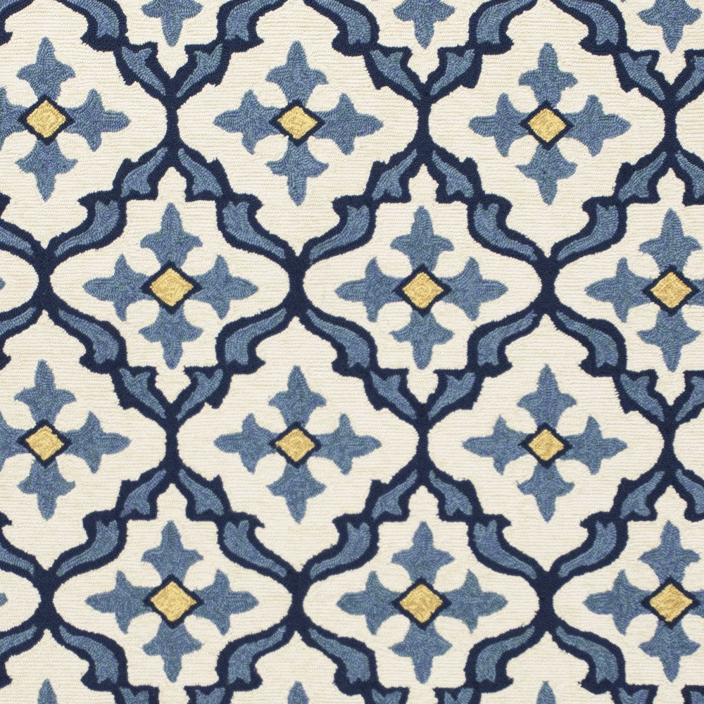 5' X 7' Ivory Or Blue Geometric Mosaic Indoor Outdoor Area Rug