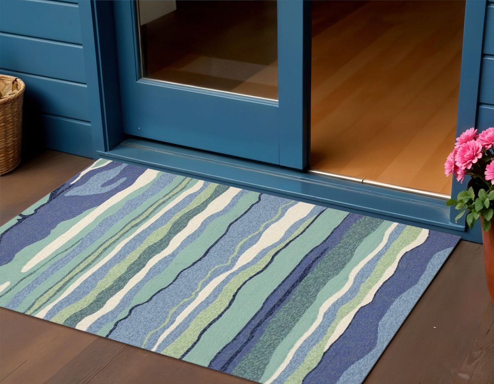 2' X 3' Blue and Ivory Abstract Handmade Indoor Outdoor Area Rug