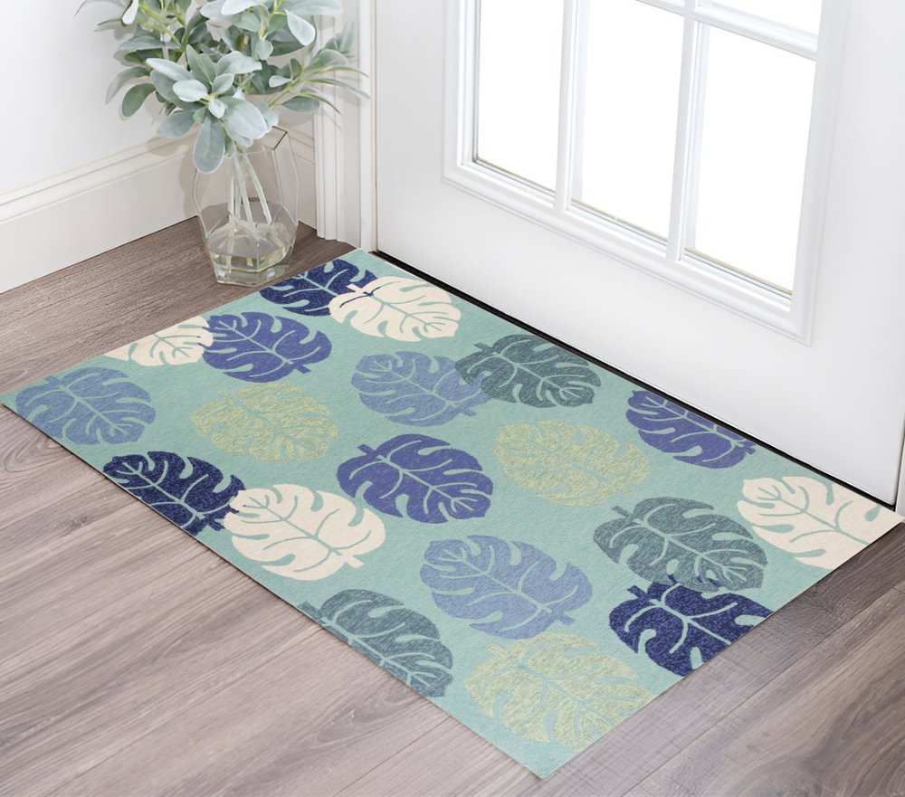 7' X 9' Turquoise And Ivory Botanical Leaves Hand Tufted Area Rug