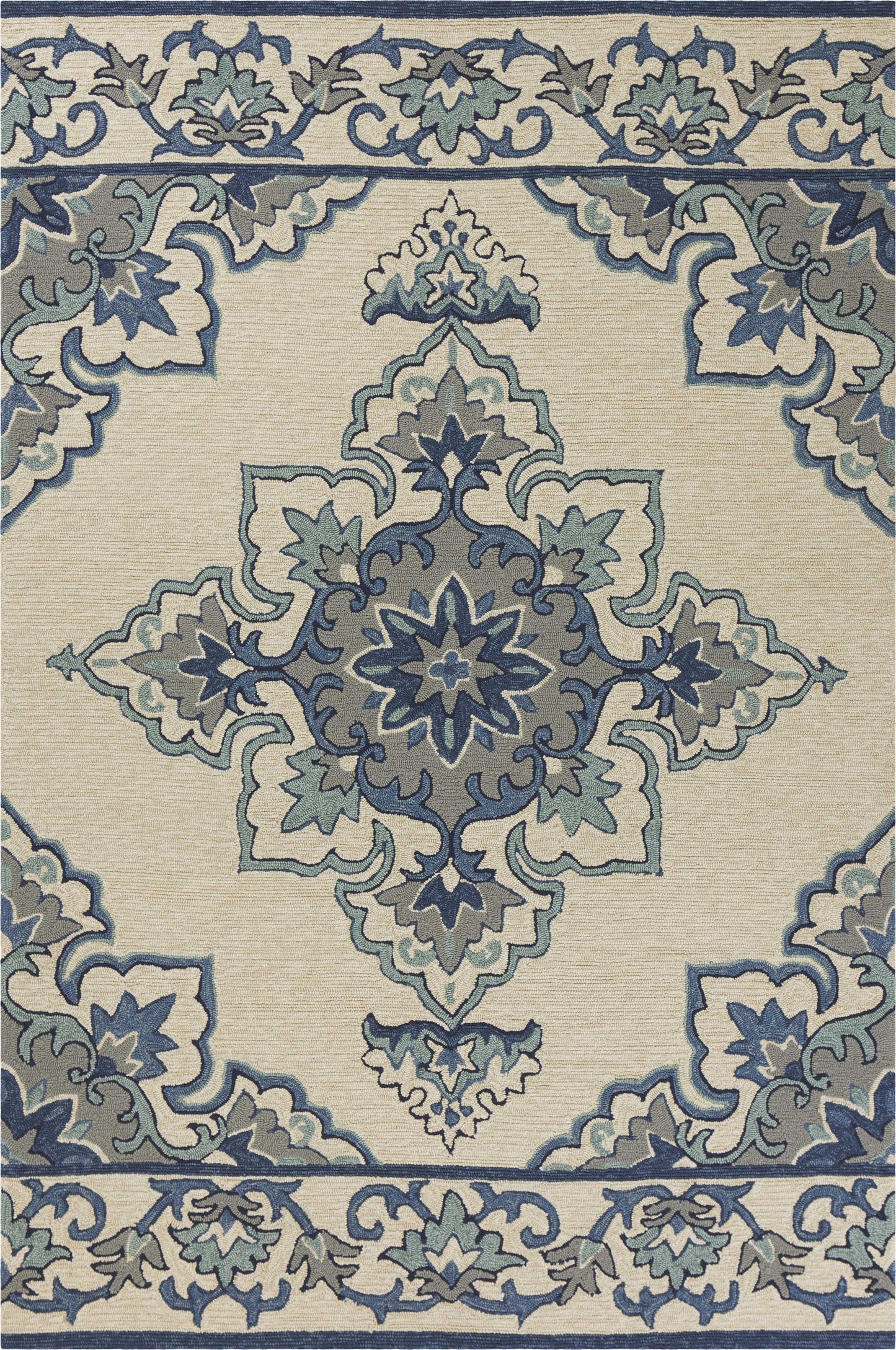 5' X 8' Ivory And Blue Damask Indoor Outdoor Area Rug