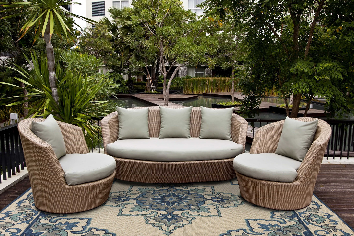 5' X 8' Ivory And Blue Damask Indoor Outdoor Area Rug