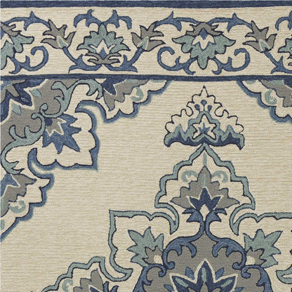5' X 8' Ivory And Blue Damask Indoor Outdoor Area Rug