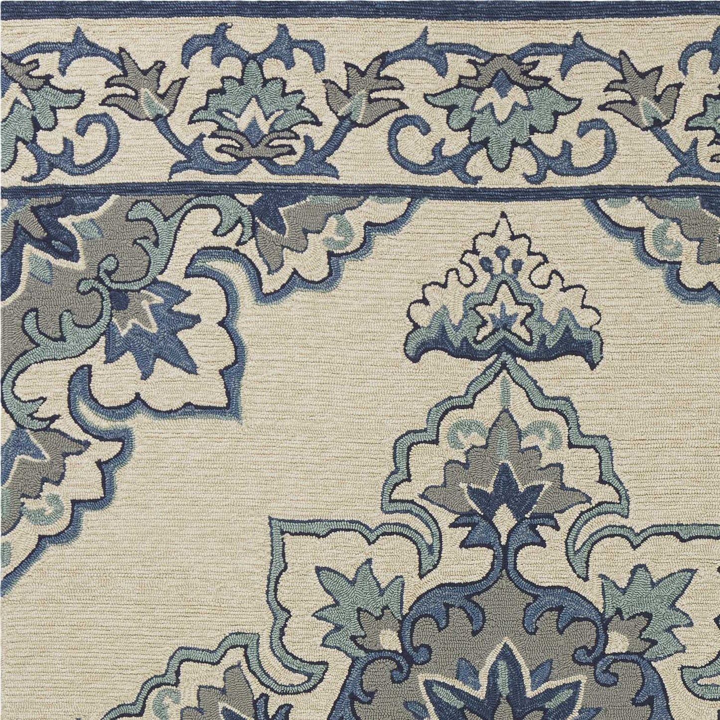 5' X 8' Ivory and Blue Damask Handmade Indoor Outdoor Area Rug