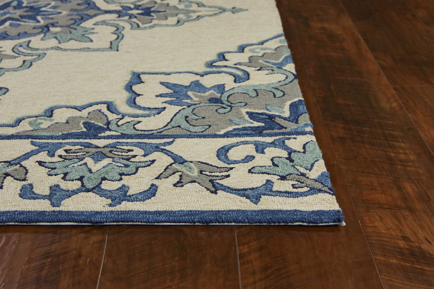 5' X 8' Ivory and Blue Damask Handmade Indoor Outdoor Area Rug