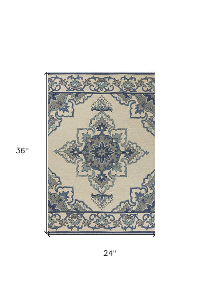 5' X 8' Ivory And Blue Damask Indoor Outdoor Area Rug