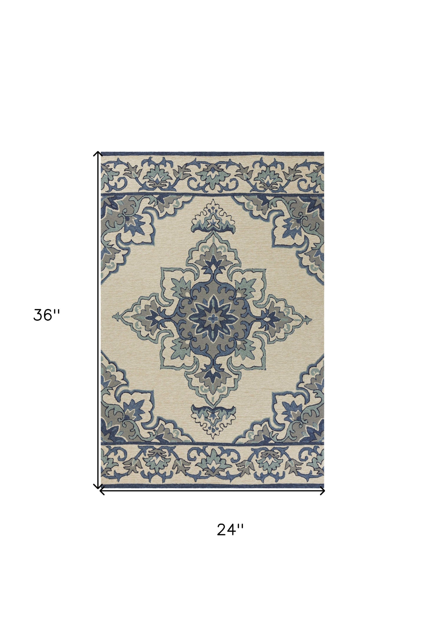 5' X 8' Ivory and Blue Damask Handmade Indoor Outdoor Area Rug