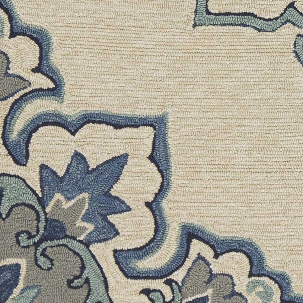 5' X 8' Ivory And Blue Damask Indoor Outdoor Area Rug