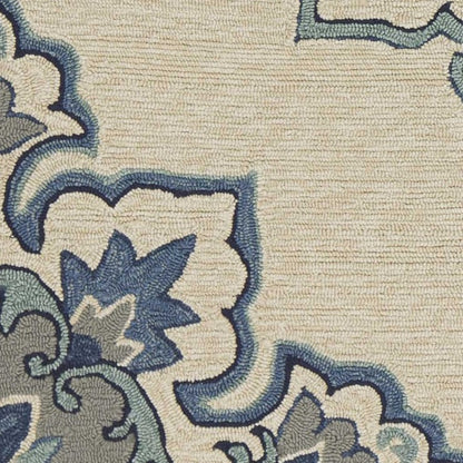 5' X 8' Ivory And Blue Damask Indoor Outdoor Area Rug