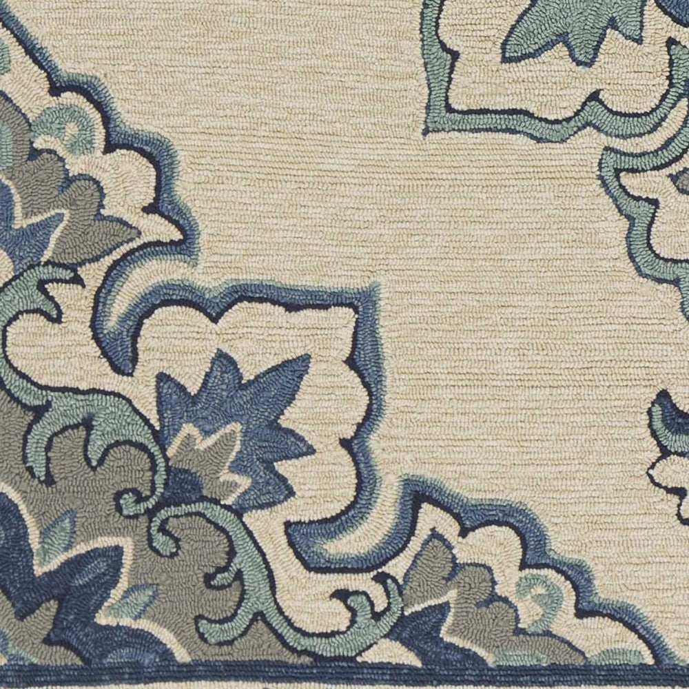 5' X 8' Ivory and Blue Damask Handmade Indoor Outdoor Area Rug