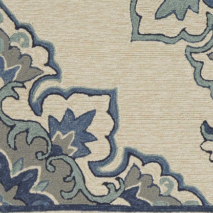 5' X 8' Ivory And Blue Damask Indoor Outdoor Area Rug