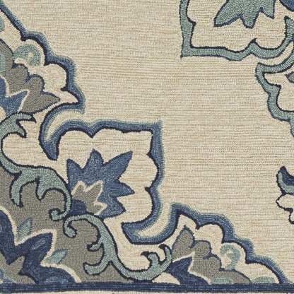 5' X 8' Ivory And Blue Damask Indoor Outdoor Area Rug