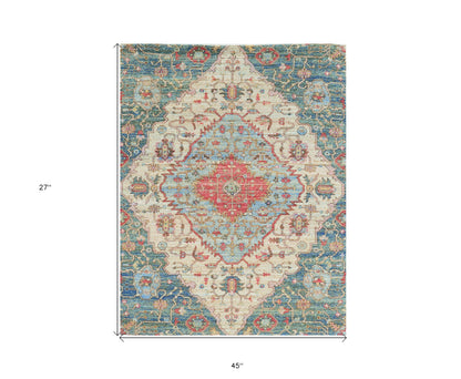 5' X 7' Blue Beige And Brick Red Jute Medallion Hand Woven Distressed Area Rug