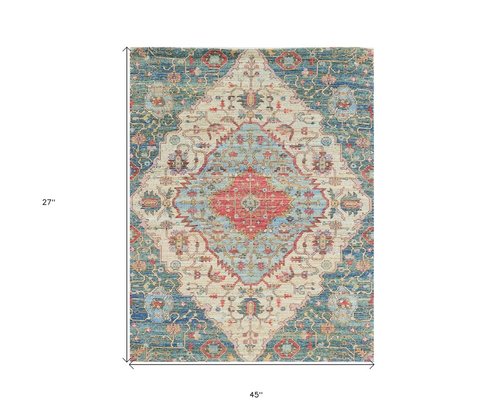 5' X 7' Blue Beige And Brick Red Jute Medallion Hand Woven Distressed Area Rug