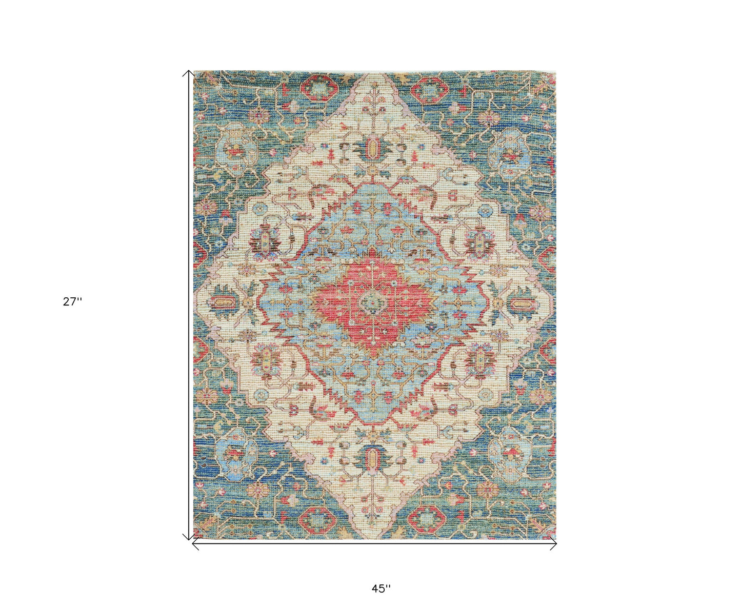 5' X 7' Blue Beige And Brick Red Jute Medallion Hand Woven Distressed Area Rug