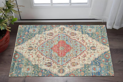 5' X 7' Blue Beige And Brick Red Jute Medallion Hand Woven Distressed Area Rug