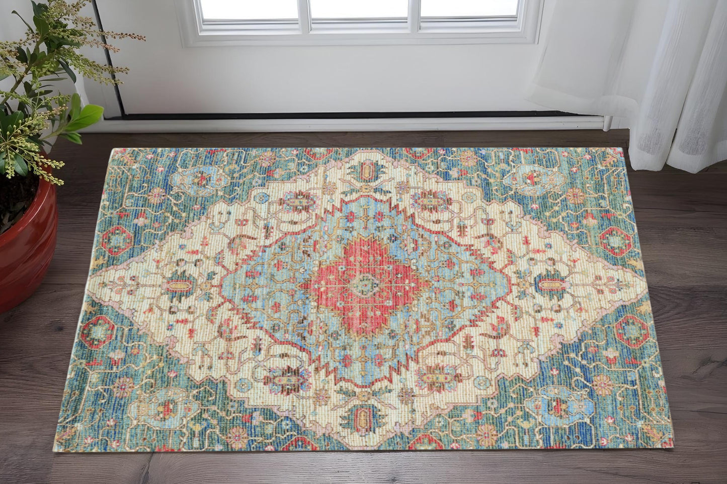 5' X 7' Blue Beige And Brick Red Jute Medallion Hand Woven Distressed Area Rug