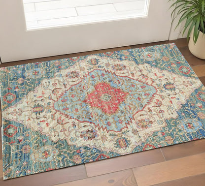 5' X 7' Blue Beige And Brick Red Jute Medallion Hand Woven Distressed Area Rug