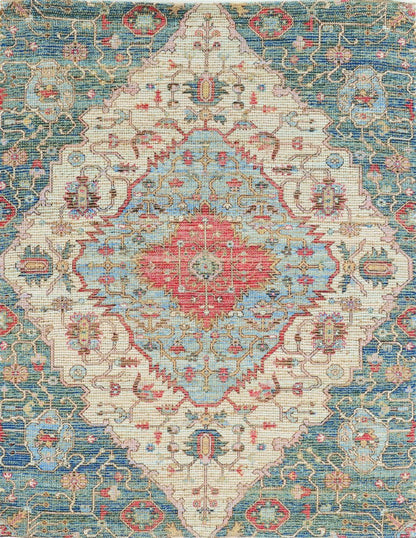 5' X 7' Blue Beige And Brick Red Jute Medallion Hand Woven Distressed Area Rug
