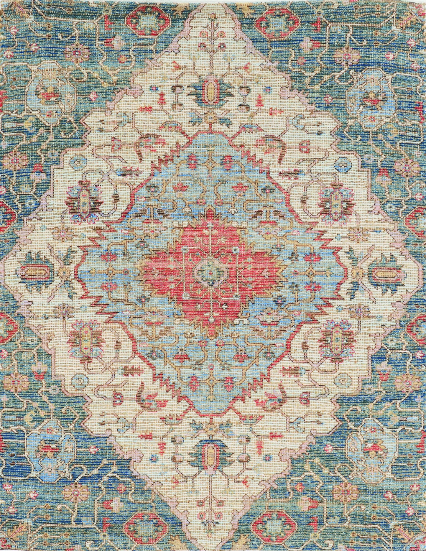 5' X 7' Blue Beige And Brick Red Jute Medallion Hand Woven Distressed Area Rug