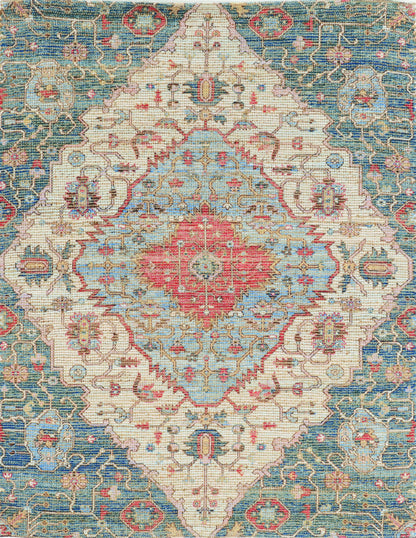 5' X 7' Blue Beige And Brick Red Jute Medallion Hand Woven Distressed Area Rug