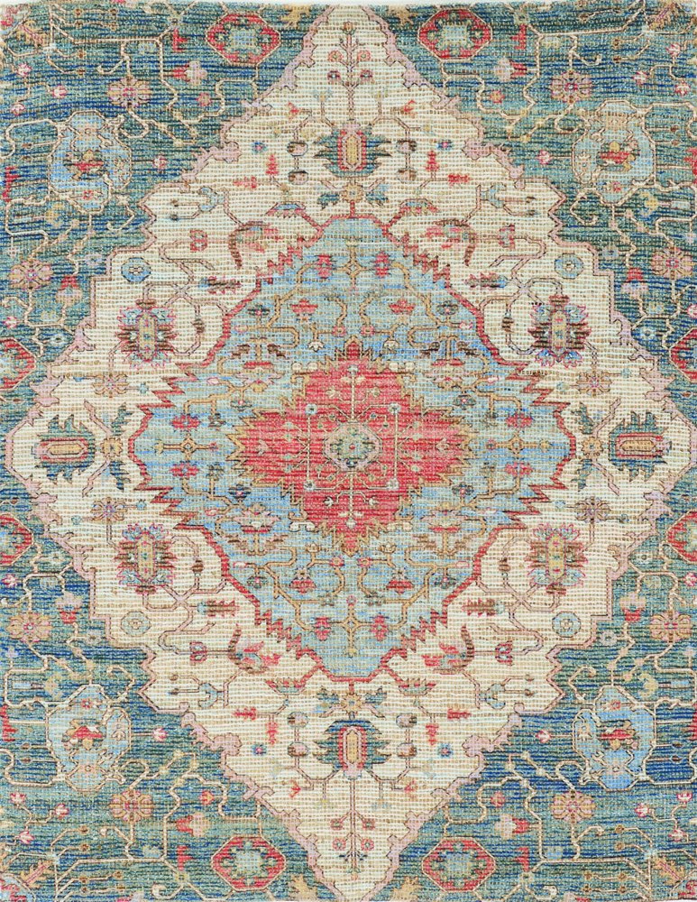 5' X 7' Blue Beige And Brick Red Jute Medallion Hand Woven Distressed Area Rug