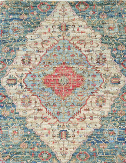 5' X 7' Blue Beige And Brick Red Jute Medallion Hand Woven Distressed Area Rug