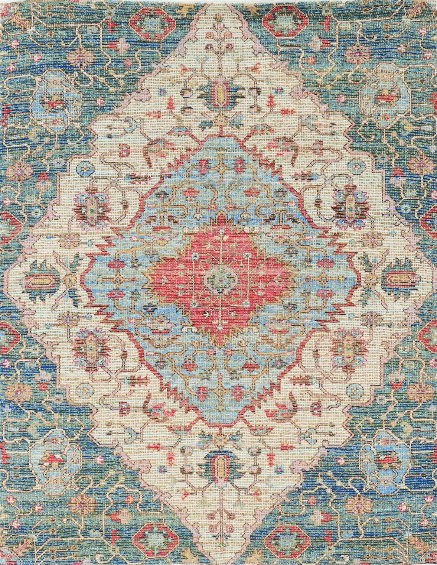 5' X 7' Blue Beige And Brick Red Jute Medallion Hand Woven Distressed Area Rug