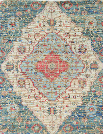 5' X 7' Blue Beige And Brick Red Jute Medallion Hand Woven Distressed Area Rug