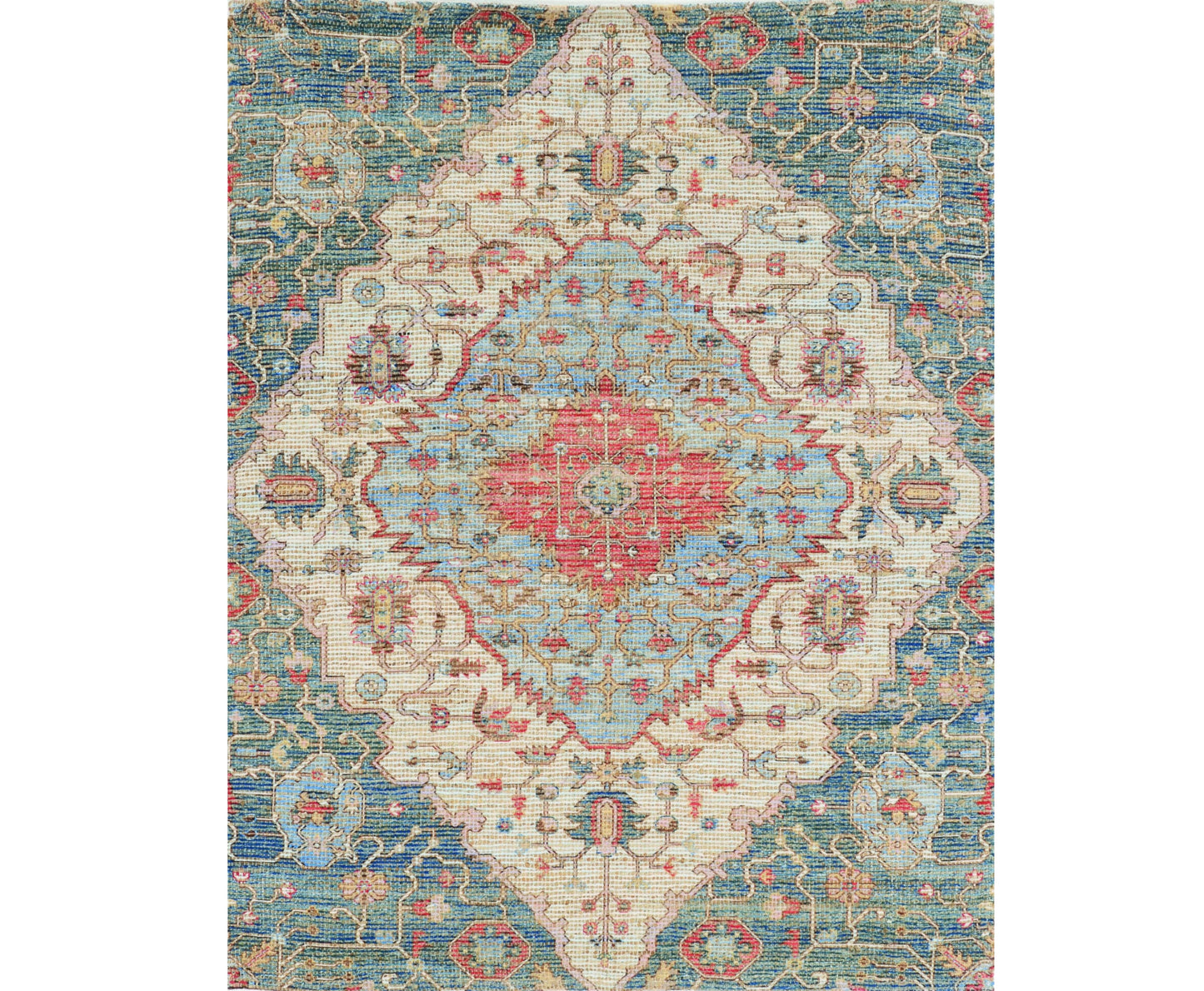 5' X 7' Blue Beige And Brick Red Jute Medallion Hand Woven Distressed Area Rug