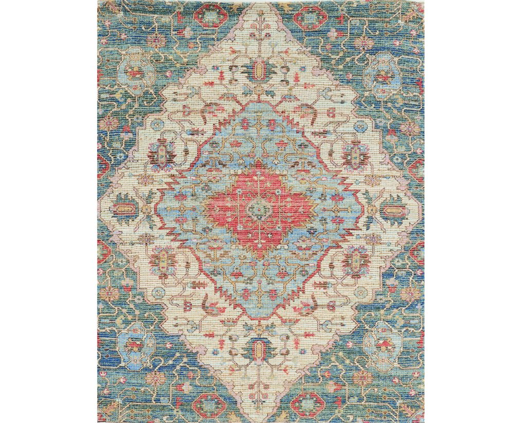 5' X 7' Blue Beige And Brick Red Jute Medallion Hand Woven Distressed Area Rug