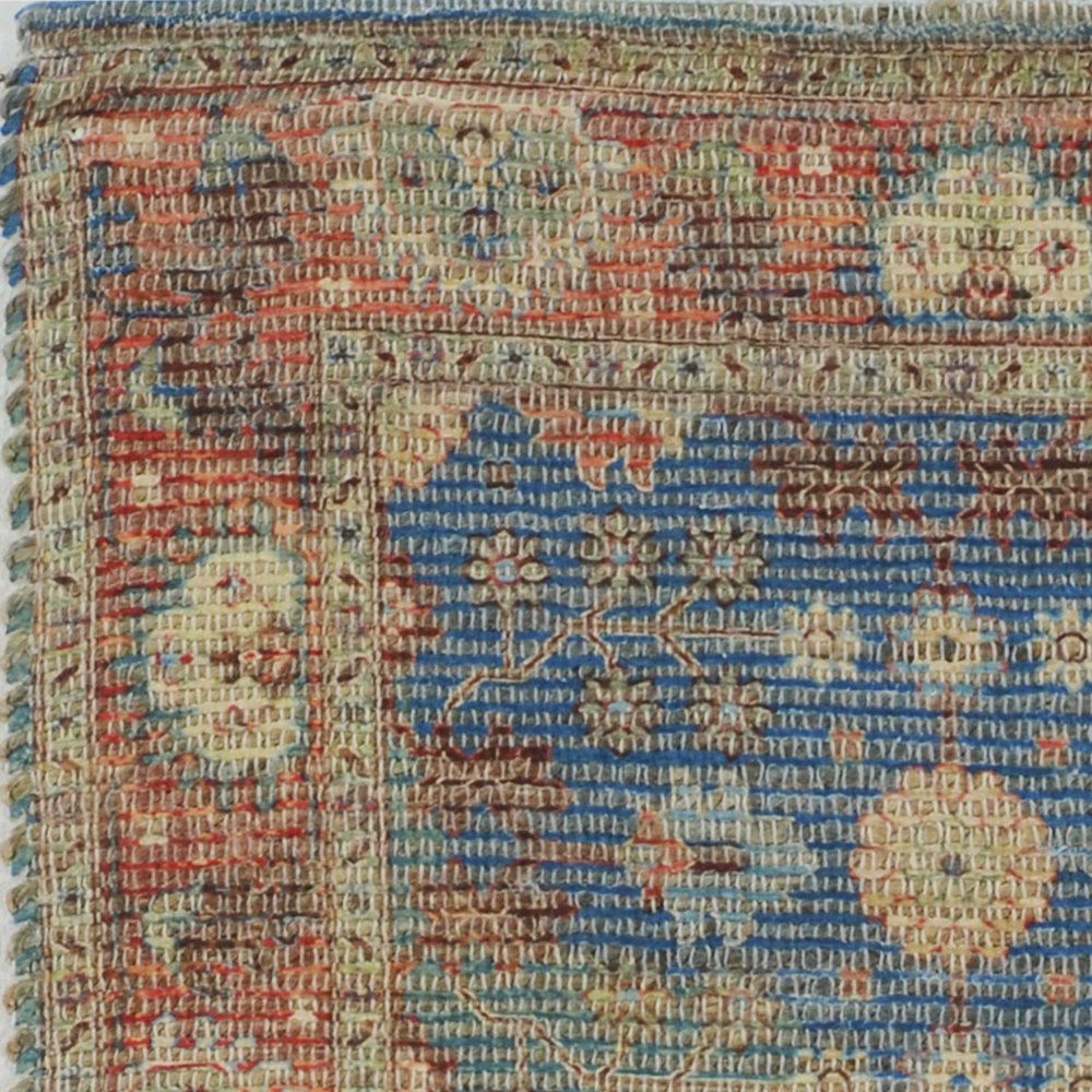 5' X 7' Blue Red And Beige Floral Medallion Hand Woven Distressed Area Rug