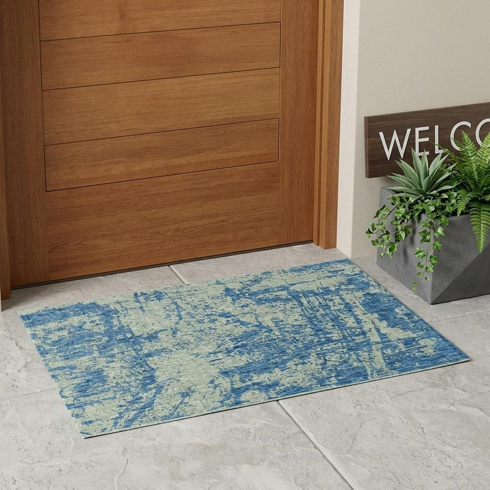 3' X 5' Blue And Green Abstract Indoor Outdoor Area Rug