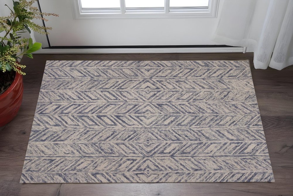 3' X 5' Blue And Beige Wool Chevron Hand Tufted Area Rug