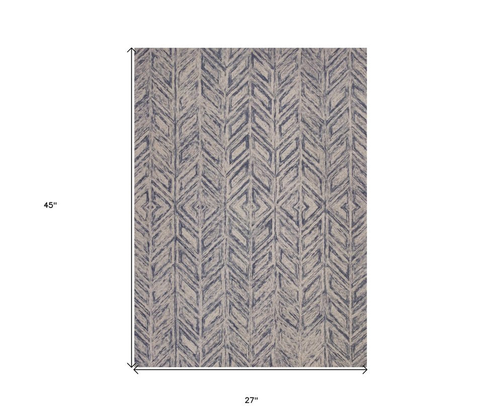 3' X 5' Blue And Beige Wool Chevron Hand Tufted Area Rug