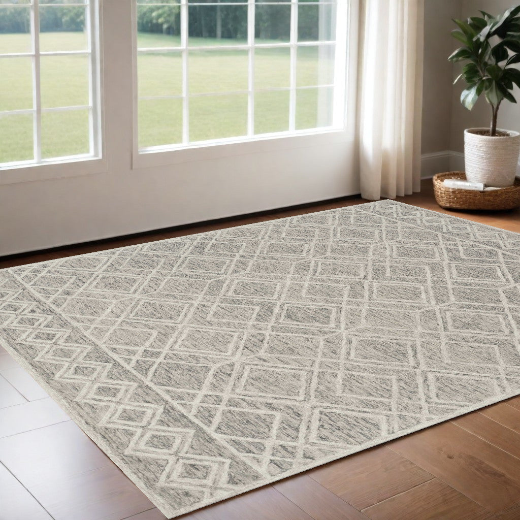 9' X 12' Sand Beige Hand Tufted Diamond Pattern Indoor Area Rug