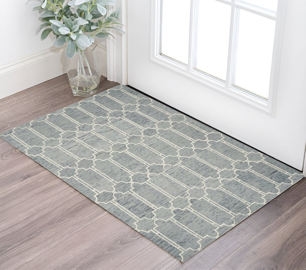 5' X 7' Slate Blue And Ivory Wool Geometric Hand Tufted Area Rug