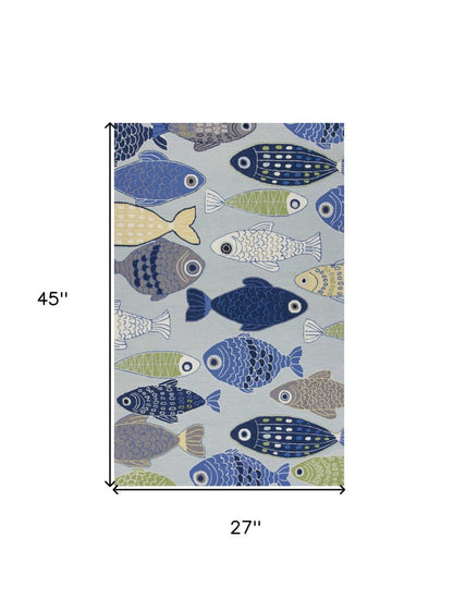7' X 9' Blue Ivory And Green Fish Hand Tufted Area Rug
