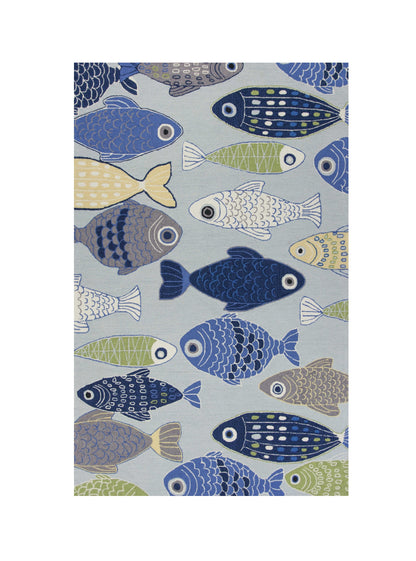 7' X 9' Blue Ivory And Green Fish Hand Tufted Area Rug