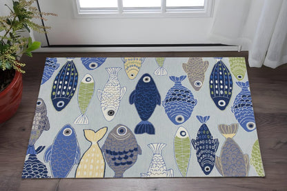 7' X 9' Blue Ivory And Green Fish Hand Tufted Area Rug