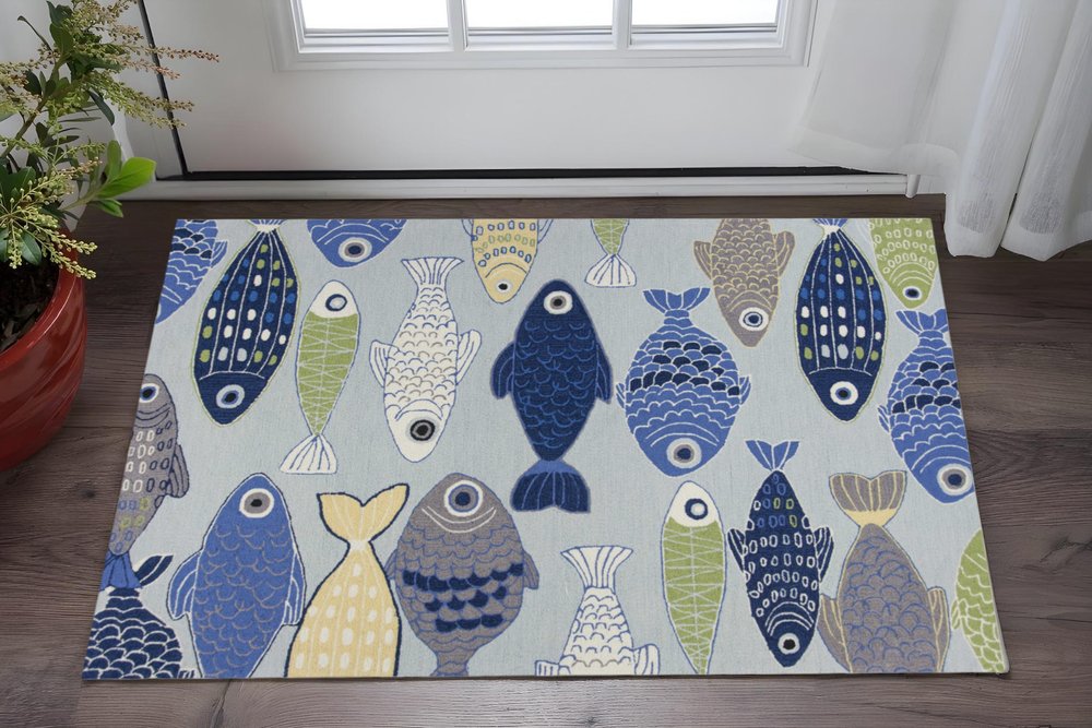 7' X 9' Blue Ivory And Green Fish Hand Tufted Area Rug